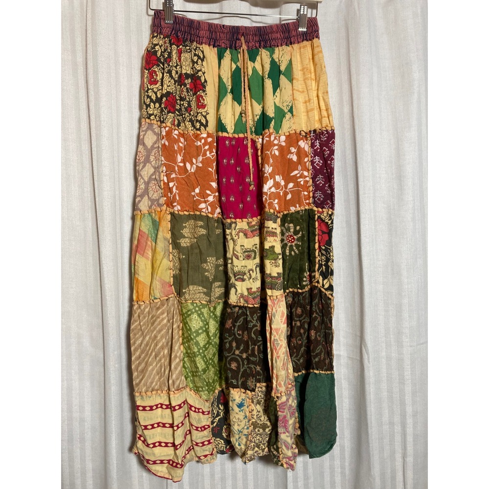 Handmade Boho Patchwork Maxi Skirt Multi Color Floral Elephant Tiered 26 Waist